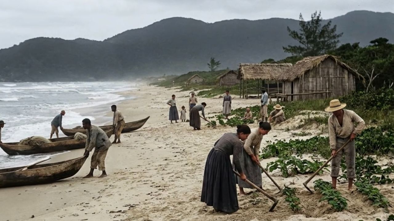 A photorealistic scene of people in old-fashioned clothes hoeing rows of crops in beach sand, a few steps from the waves, with dugout canoes on the shore and thatched huts behind.